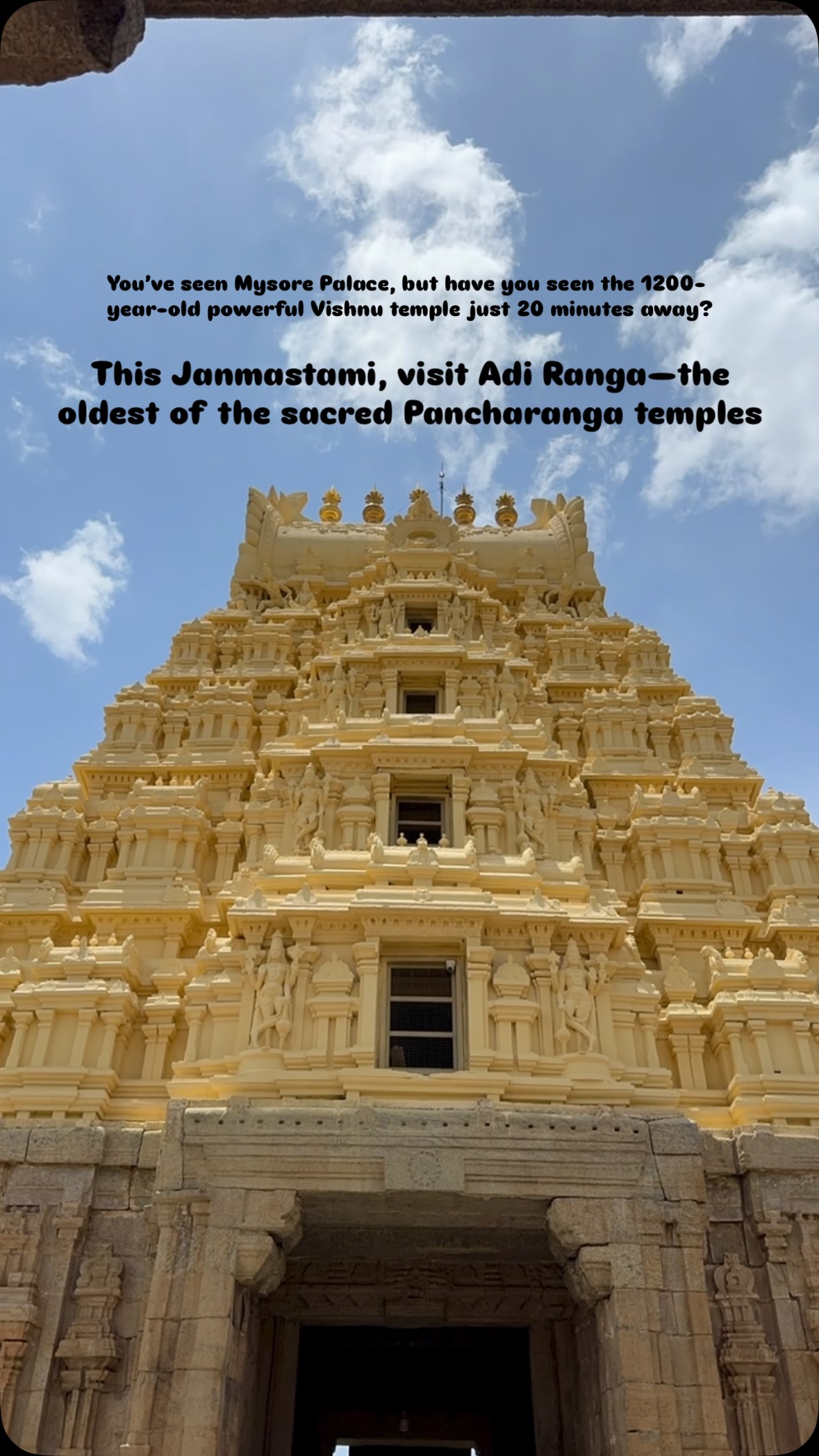 😥 Tired of standing in endless queues in all the Krishna Temples in Bengaluru during Janmashtami?🙏 Head to Sri Ranganathaswamy Temple in Srirangapatna, a powerful Vishnu temple just 140km from Bangalore ✨ Dedicated to Lord Ranganatha (the reclining form of Lord Vishnu resting on the serpent Adi Shesha)✨It is considered as Adi Ranga (The First Ranga), the oldest of the sacred Pancharanga temples✨What is Pancharanga Temple?Legend says that Lord Vishnu, pleased by the devotion of the river Goddess Kaveri, decided to emerge in 5 places along the river in his Anantharanga form. These 5 places are considered together as Pancharanga temples.🛕 Other Pancharanga Temples1. Madhya Ranga – Sri Ranganathaswamy Temple (Shivanasamudra, Karnataka)2. Antya Ranga / Kasthuri Ranga – Sri Ranganathaswamy Temple (Srirangam, Tamil Nadu)3. Appala Ranga – Appakkudathaan Perumal Temple (Koviladi, Tamil Nadu)4. Parimala Ranganatha Perumal Temple (Mayiladuthurai, Tamil Nadu)🕉️ Lord Vishnu’s Idol: A massive monolithic idol of reclining peacefully on the coils of the deadly, multi-hooded serpent cosmic king, Adishesha✨ Why should you visit here for Janmashtami?The grand Uyyalotsava festival is held in the temple where Lord Krishna is worshipped on Jhulan/Uyyale on Janmashtami tithi🚗 140km/3 hrs from Bangalore ⏳7 am –1:30 pm, 4 – 8 pm 🥻Strictly traditional✨ Tag the group you want to go on a festive road trip with!#mytravellingstilettos#Janmashtami #Srirangapatna #AdiRanga #KrishnaJanmashtami BangaloreRoadTrips ExploreKarnataka KarnatakaTourism WeekendGetaways LordKrishna AncientTemplesOfIndia NammaBengaluru