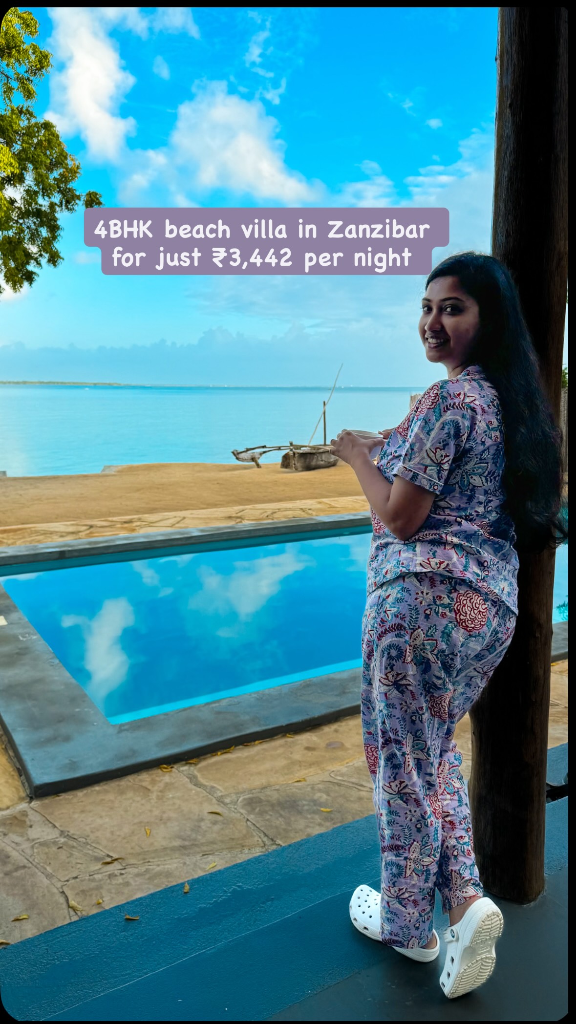 A 4BHK beachfront villa in Zanzibar for just ₹3,442 per family per night?! 😍🌴🏠 Here’s what our stay was like!📍 Fukuchani Beach, on Zanzibar’s northwest coast, near Nungwi beach🏡 4 BHK villa, right by the beach with a kicthen-cum-living room opening to the beach, infinity pool overlooking the sea!🏖️ Almost private beach by a mangrove forest, as no other hotel/airbnb on this beach/village👵 Hosted by Mags, a lovely elderly woman. She is a great cook! 🥣🍳 Home-cooked breakfast - tea, coffee, cereals, toast, butter, jam, eggs, and caramelized onions with tomatoes🍽️ She cooked dinner for us as well - burgers, grilled fish, Swahili-style fish curry with rice, grilled tiger prawns, etc.✅ Complimentary inclusion: 2 kayaks, life jackets, snorkelling gear, and a private sunset dhow cruise⭐ Starfish Beach nearby; additional payment required for boat ride✨🔭🌌 The night sky is perfect for stargazing💰 Cost: Paid ₹55,068 for the entire villa (4BHK) for 4 nights. As we were a group of 4 families, it was ~ ₹ 3,442 per family per night.🍝 Food during stay: Food (4 breakfasts, 4 dinners) for 8 people: ₹38,717 🍷 In-house drinks for 8: ₹8,980➡️ Total food & drinks cost pp per day: < ~₹1500⚠️ These costs are from August 2024⚠️ This is not the entire food and drinks cost in Zanzibar✨ Share with your travel buddy!Follow @mytrave for more travel recommendations.#mytravellingstilettos@tanzania_unforgettable@zanzibartourismindia@zanzibar_tourism#visitzanzibar #greenzanzibar #visittanzania #tanzaniaunforgettable[ Africa vacation, holidays, international trip from India, island vacation, budget itinerary, couple holiday, african vacation, zanzibar, beautiful airbnb, luxury stays, hotel recos]